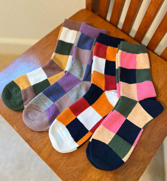 Fluffy Square Pattern Crew Socks